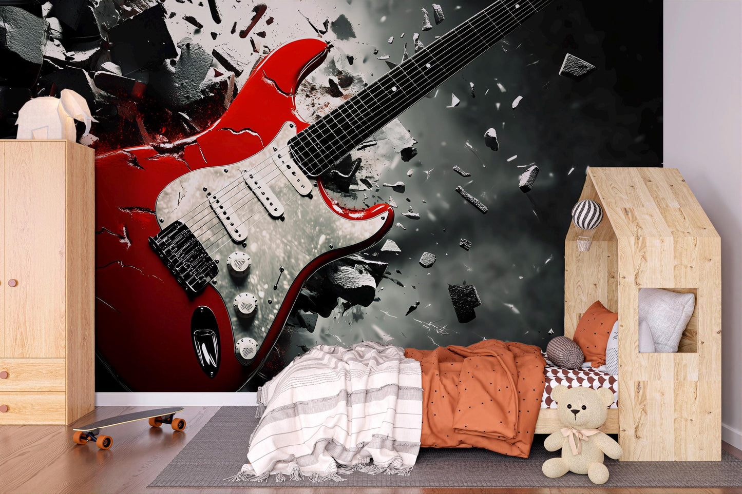 Red Electric Guitar Wall Mural for Kids Room – Bold Rock Music Wallpaper – Teen Bedroom Decor – Music Lover Gift Vn521