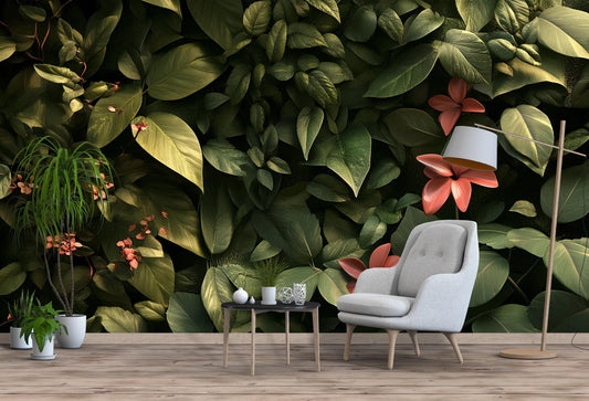 Botanical Leaf Wall Mural | Tropical Green Jungle Wallpaper with 3D Flowers | Bedroom Nature Accent Wall Art Vn234