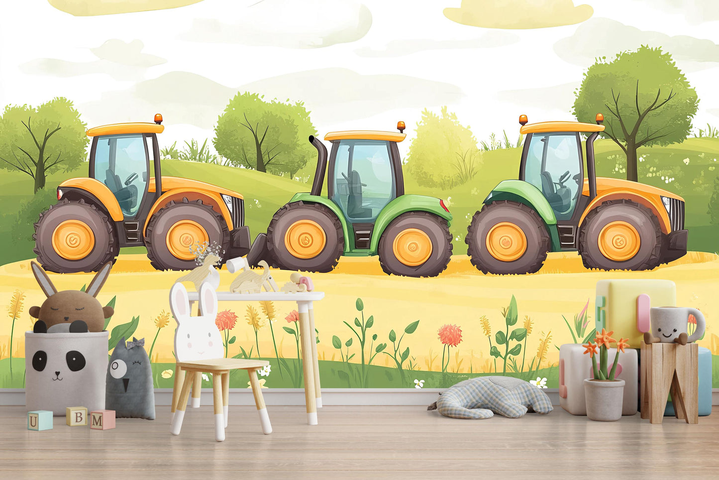 Tractor Wall Mural for Kids Room – Farm Theme Boys Bedroom Wallpaper – Cartoon Tractors Nursery Wall Art – Playroom Decor Vn627