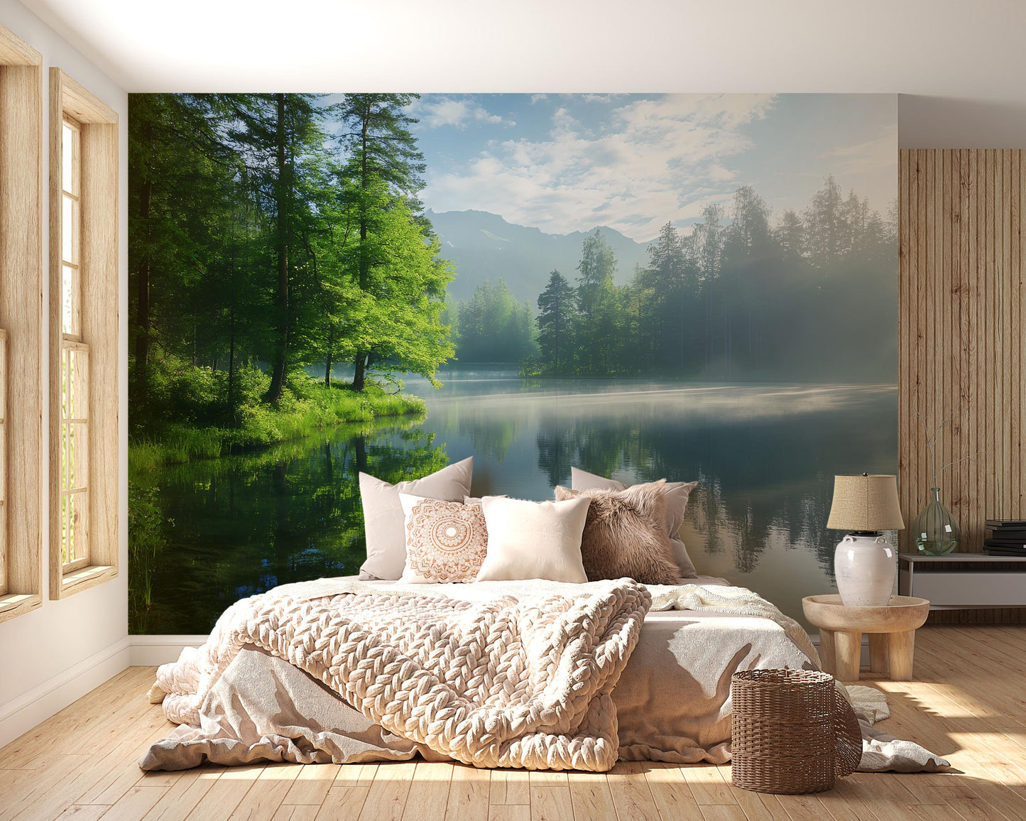 Lake Forest Wall Mural – Nature Scenic Wallpaper, Serene Mountain Lake Wall Art, Forest Bedroom Decor Vn687