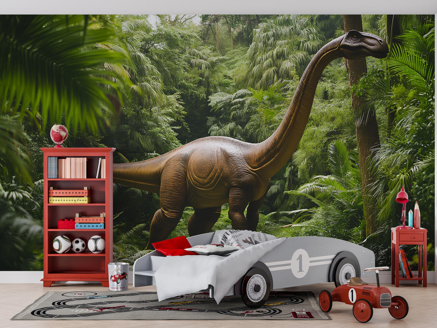 Dinosaur Jungle Wall Mural for Kids Room | Giant Brachiosaurus Wallpaper | Boys Bedroom Decor with Car Bed | Adventure Theme Wall Art Vn409