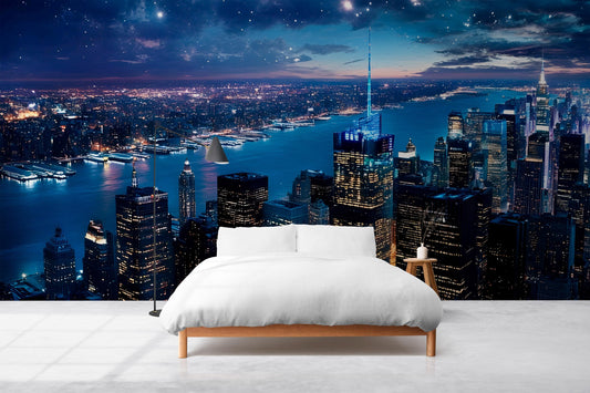 City Skyline Night Wall Mural – New York Cityscape Wallpaper – Urban Night View – Large Wall Art for Bedroom or Living Room Décor Vn012