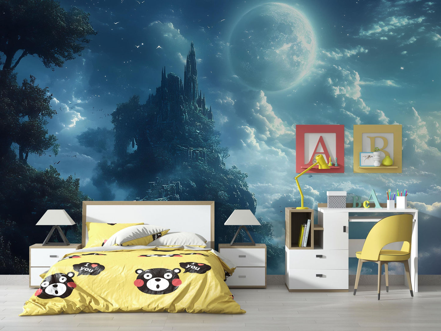 Moonlit Fantasy Castle Wall Mural – Enchanted Night Sky Wallpaper, Magical Accent Wall for Kids Bedroom Vn867