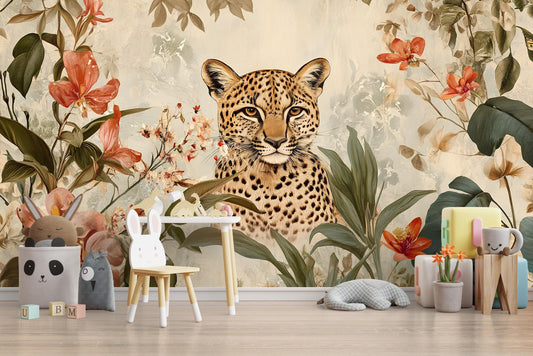 Leopard Jungle Mural Nursery Wallpaper - Safari Animal Wall Art - Botanical Baby Room Decor Vn212
