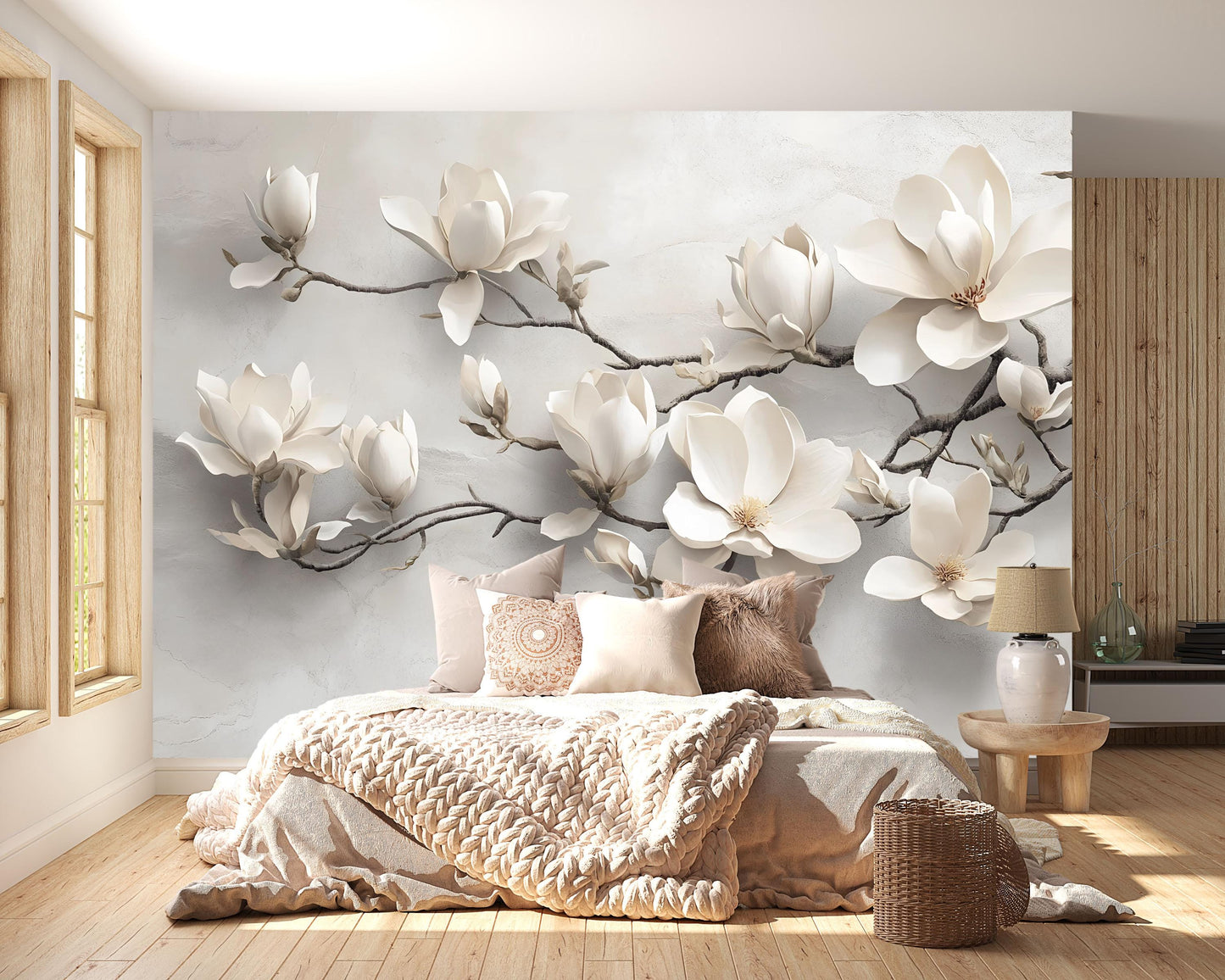 White Magnolia Flower Mural – 3D Effect Botanical Wall Art for Bedroom or Living Room Vn767