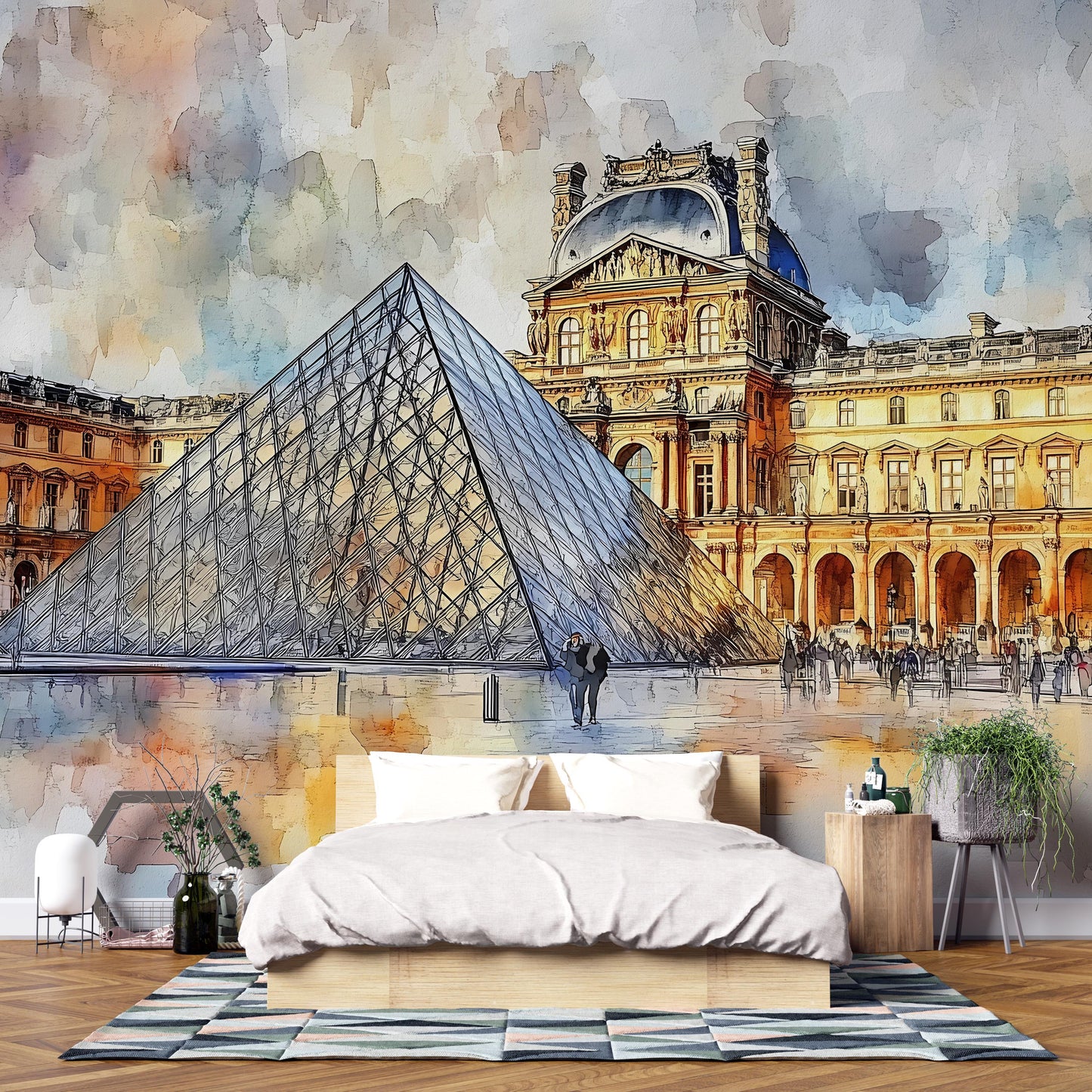 Louvre Pyramid Wall Mural – Paris Watercolor Museum Wallpaper Vn935