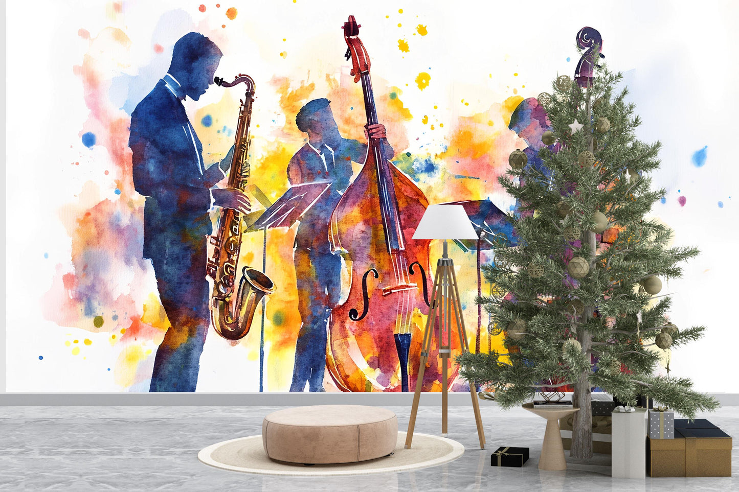 Jazz Band Wall Mural | Watercolor Music Art | Saxophone & Bass Silhouette Vn523