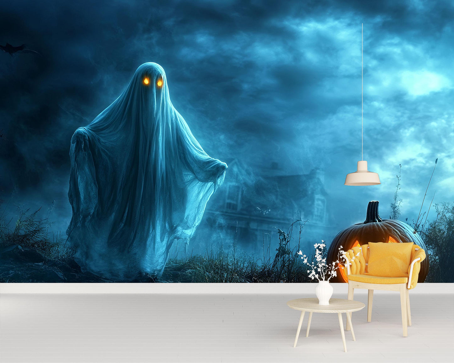 Haunted Ghost & Pumpkin Wall Mural – Spooky Halloween Bedroom Décor Vn801