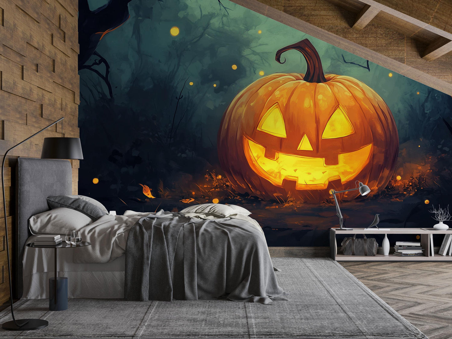 Jack-O’-Lantern Halloween Wall Mural – Cozy Autumn Decor  Vn813