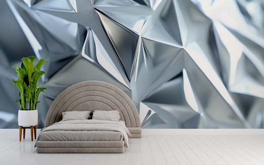 Geometric Silver Chrome Wall Mural – Modern 3D Metallic Abstract Wallpaper for Bedroom or Living Room Vn747