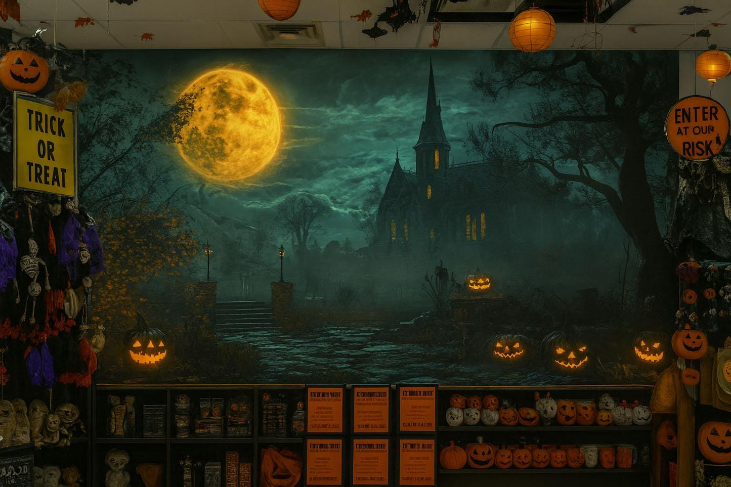 Haunted Church Halloween Wall Mural – Spooky Full Moon and Jack-o’-Lantern Wallpaper Vn790