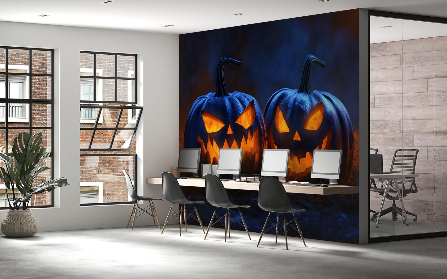 Halloween Jack-o’-Lantern Wall Mural – Spooky Pumpkin Wallpaper for Party or Office Decor  Vn787