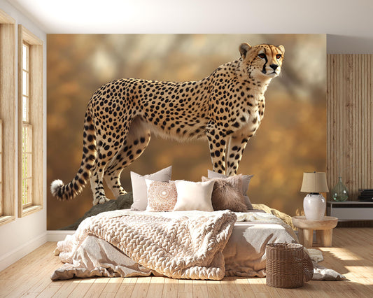 Standing Cheetah Wall Mural – Realistic Wildlife Safari Wallpaper for Nursery or Bedroom Vn785