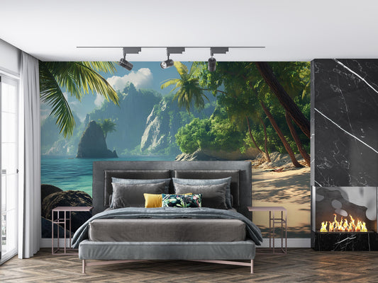 Tropical Beach Wall Mural – Ocean View Wallpaper for Bedroom – Coastal Paradise Accent Wall Art Vn286