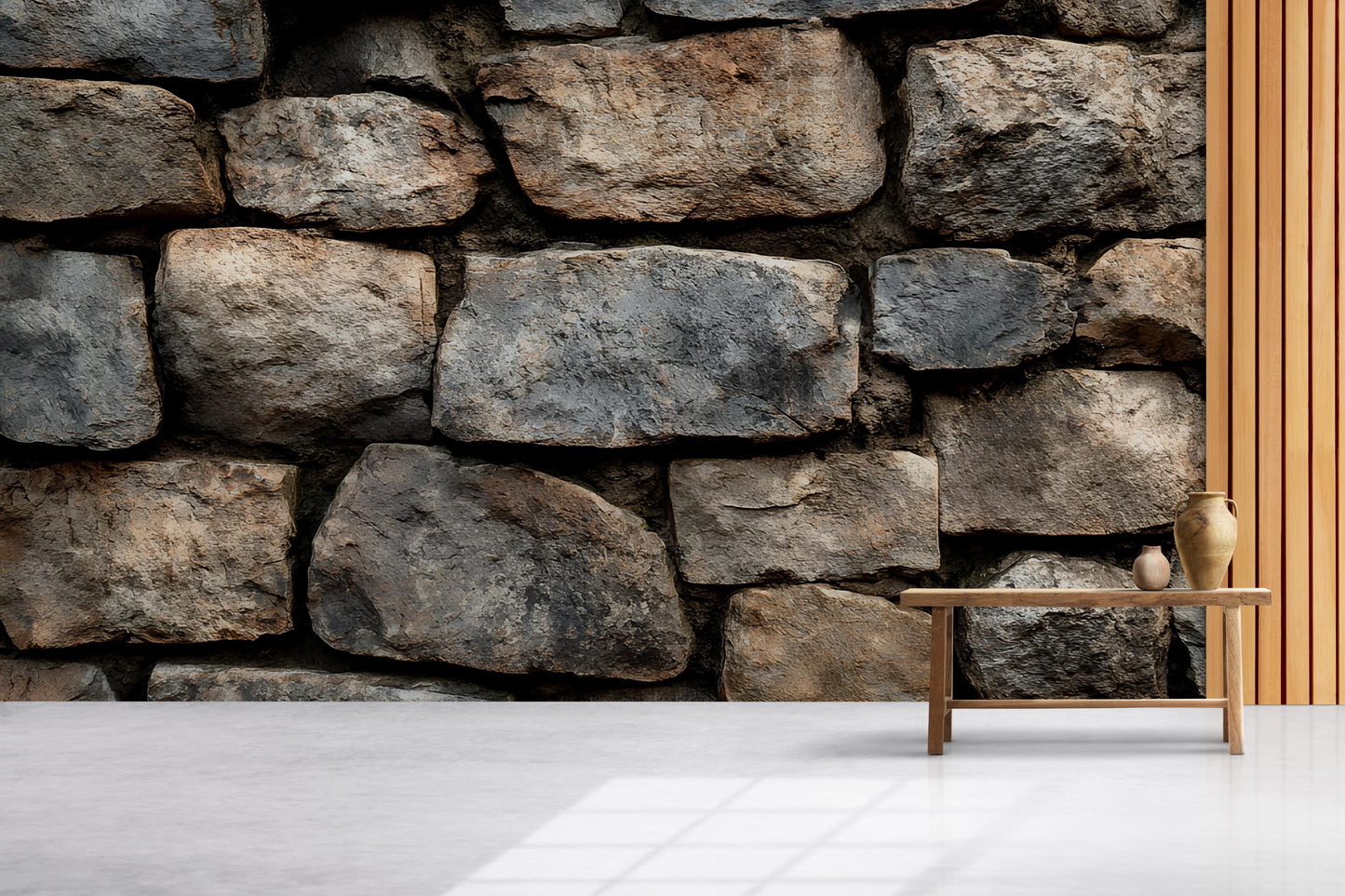 Rustic Stone Wall Backdrop, Cozy Armchair & Table Scene, Modern Farmhouse Decor, Scandinavian Interior Photo, Digital Download Vn587