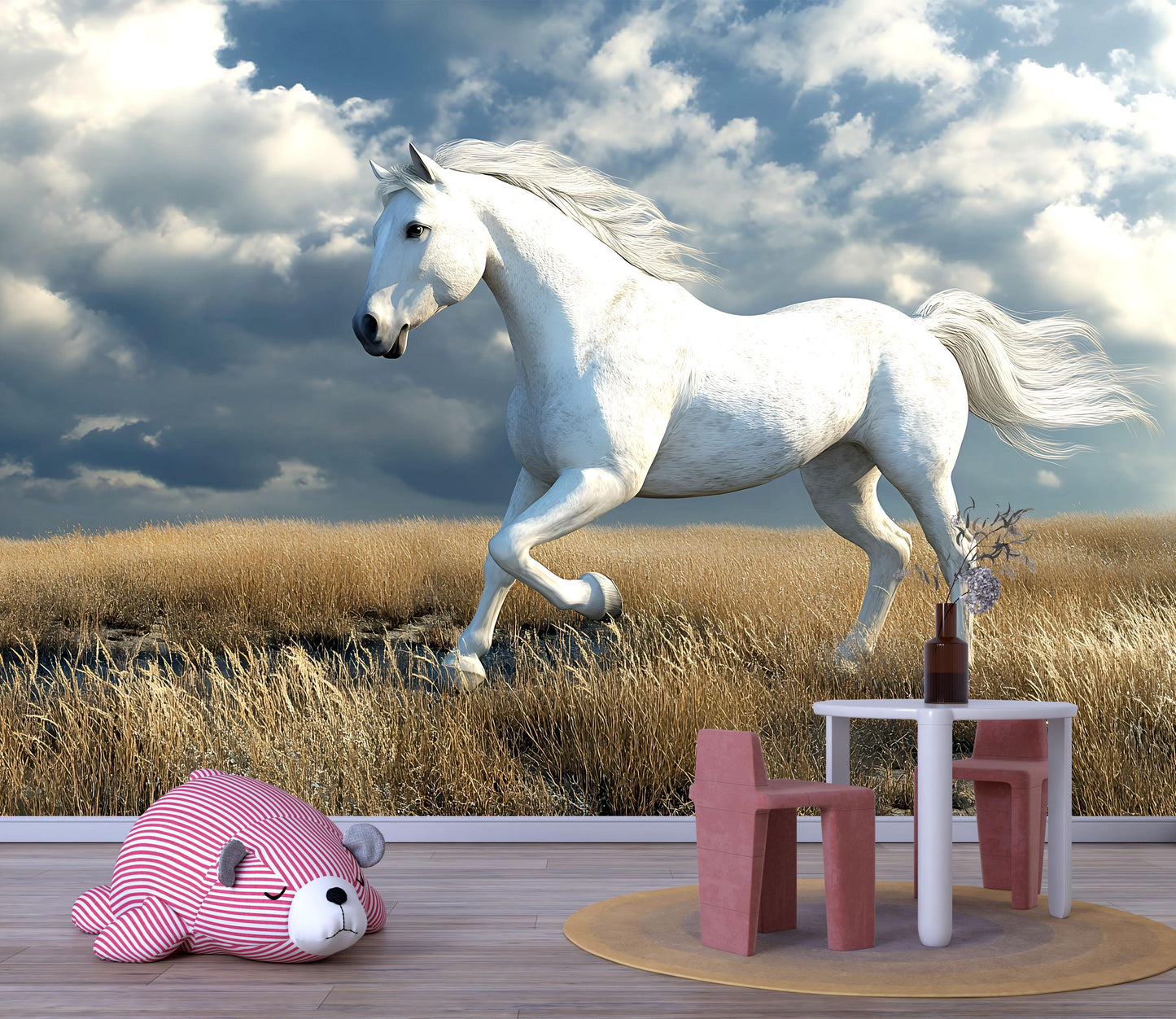 White Horse Wall Mural – Majestic Stallion Running in Field Wallpaper for Bedroom or Nursery Vn784