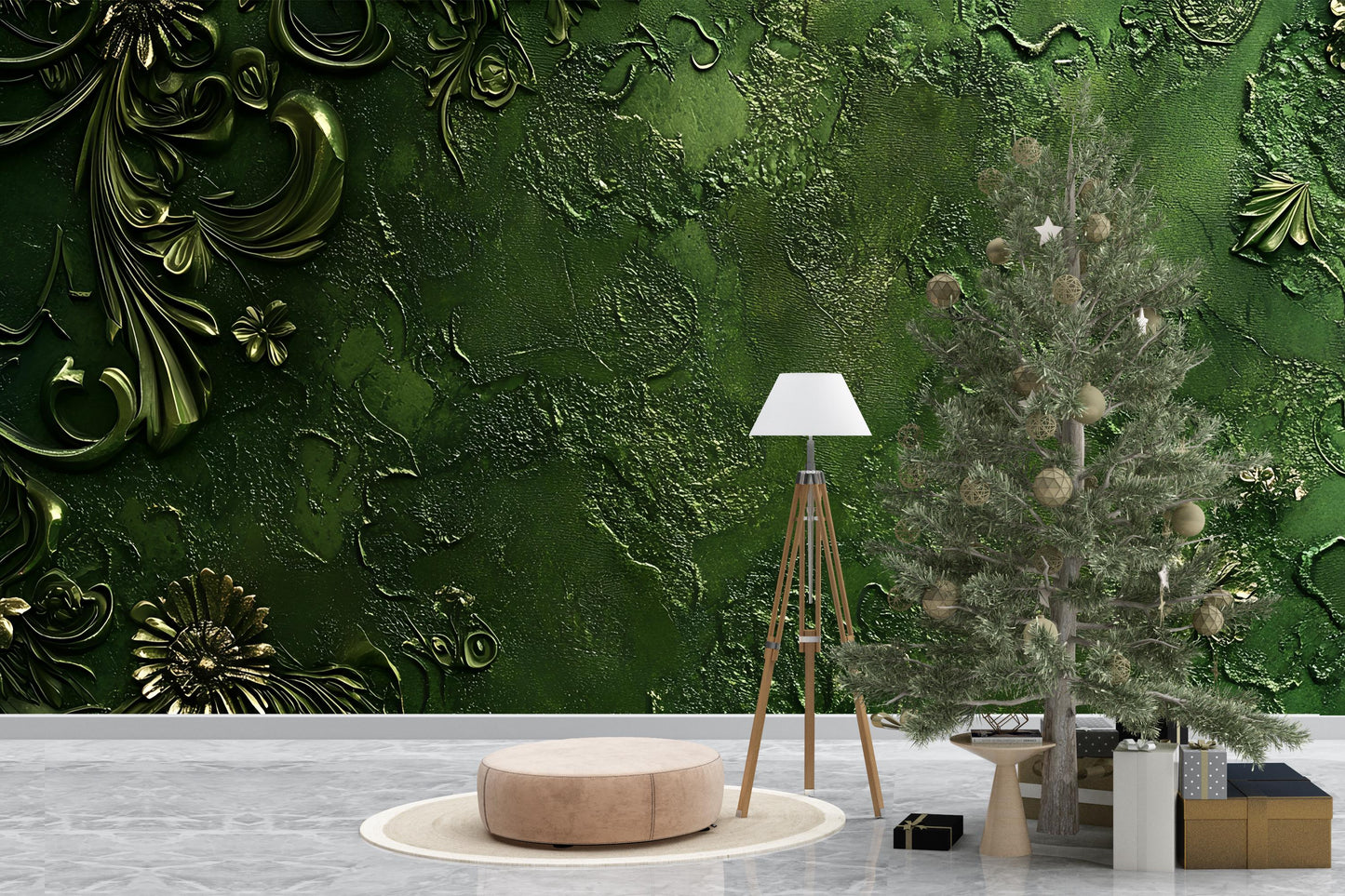 Emerald Green Textured Floral Wall Mural – 3D Luxury Botanical Accent Wallpaper for Living Room or Office Décor Vn582