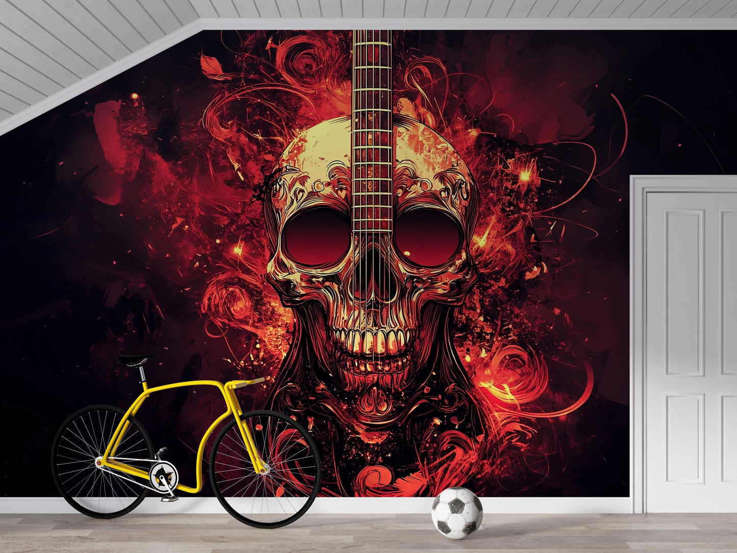 Skull Guitar Wall Mural | Rock Music Bedroom Decor | Gothic Fire Skull Art Wallpaper | Cool Musician Wall Art Vn720