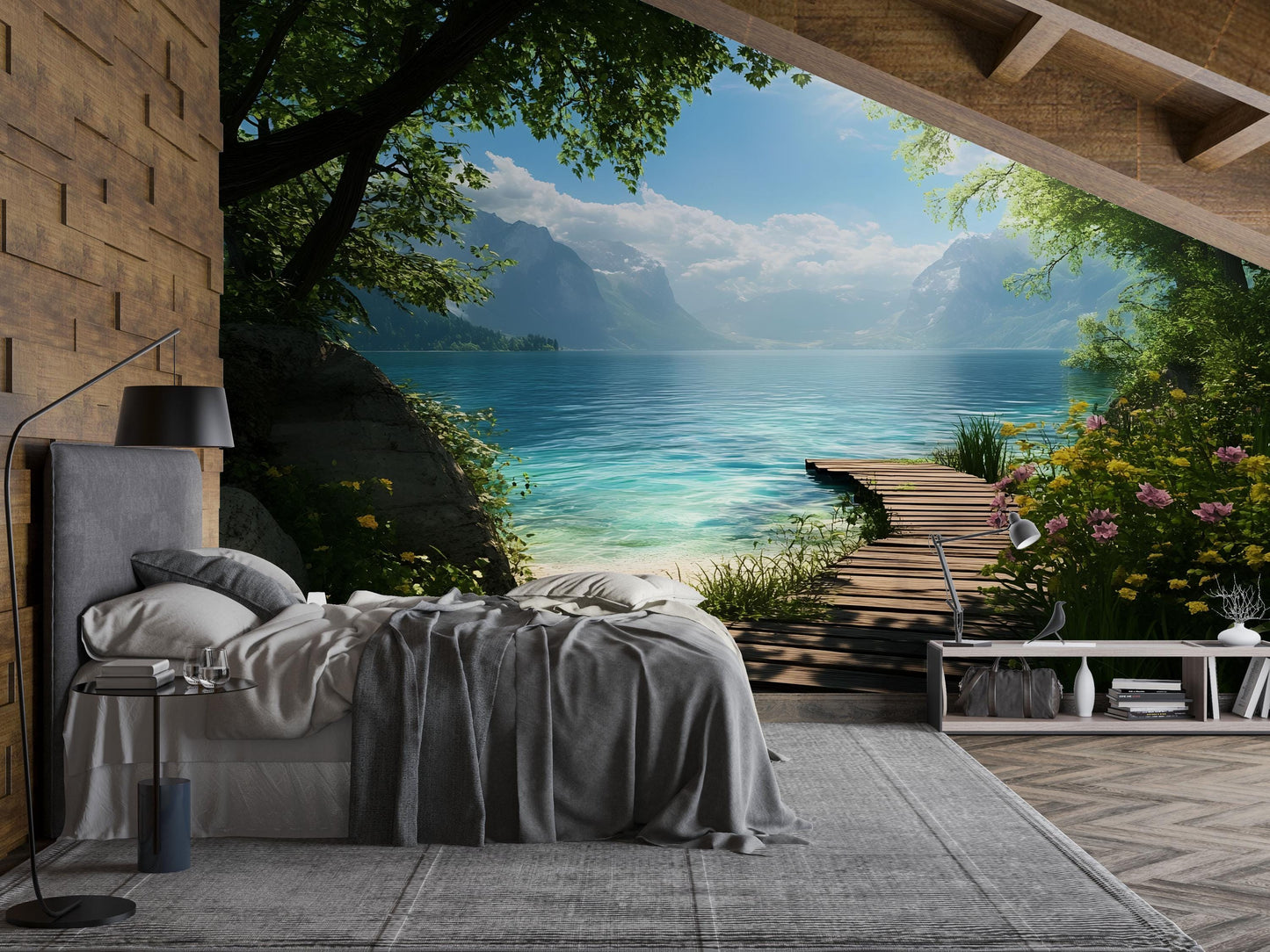 Mountain Lake Pier Wall Mural – Scenic Beach & Crystal Water Landscape Wallpaper  Vn830