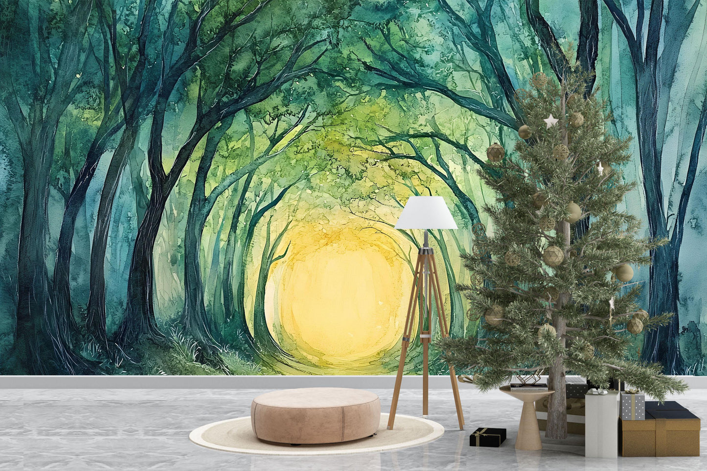 Forest Tunnel Mural – Enchanted Green Trees Wall Art with Golden Sunlight Path Vn762