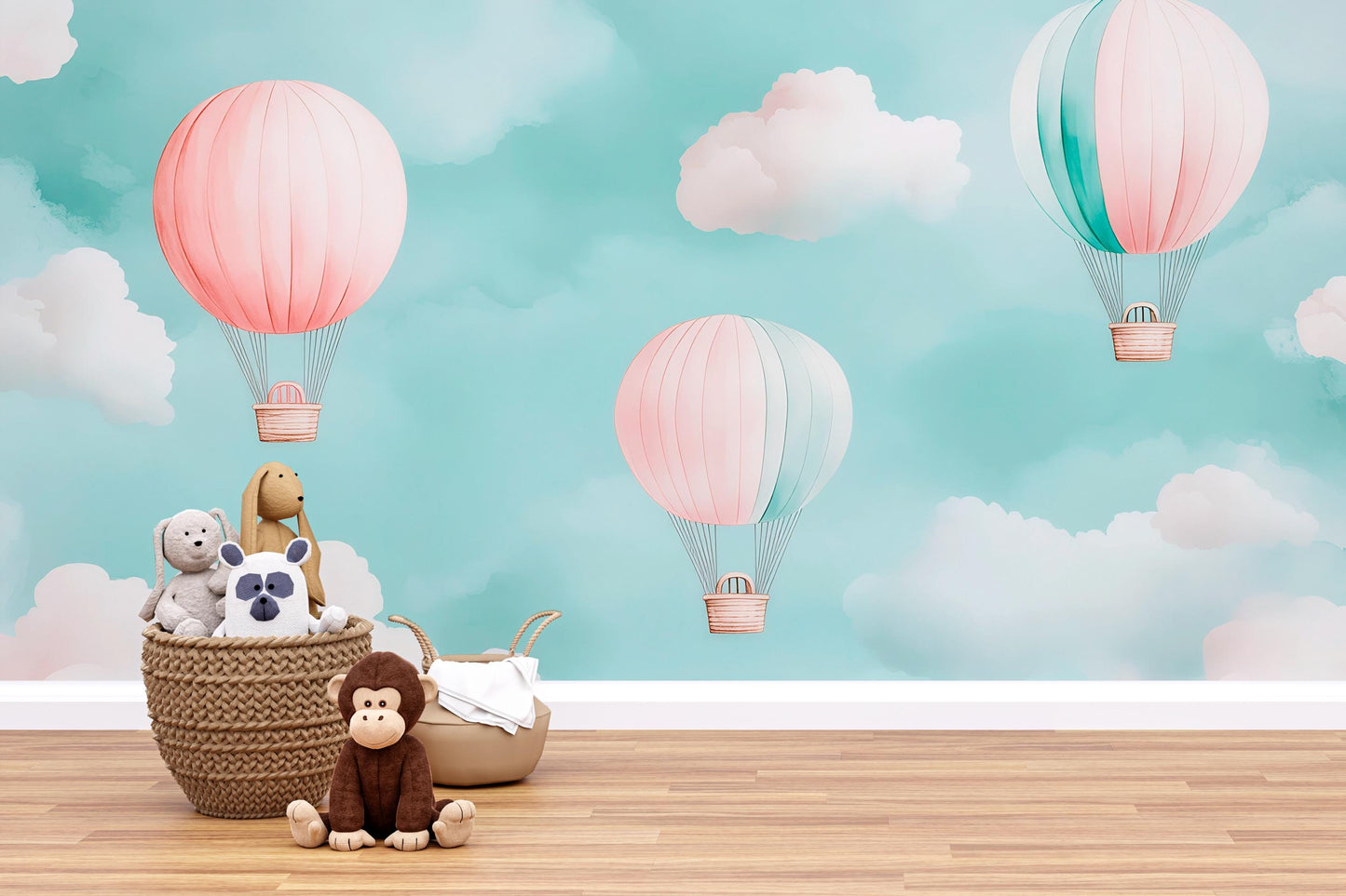 Hot Air Balloon Mural – Cloud Sky Nursery Wallpaper Baby Room Decor Vn994