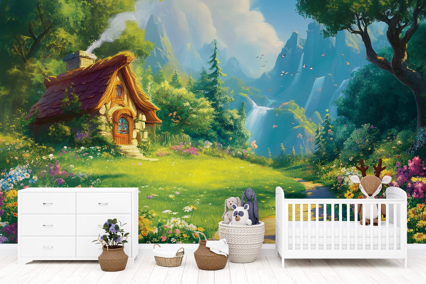 Whimsical Forest Wall Mural | Kids Room Fairy Tale Wallpaper | Magical Flower Garden Backdrop | Enchanted Nursery Decor Vn711