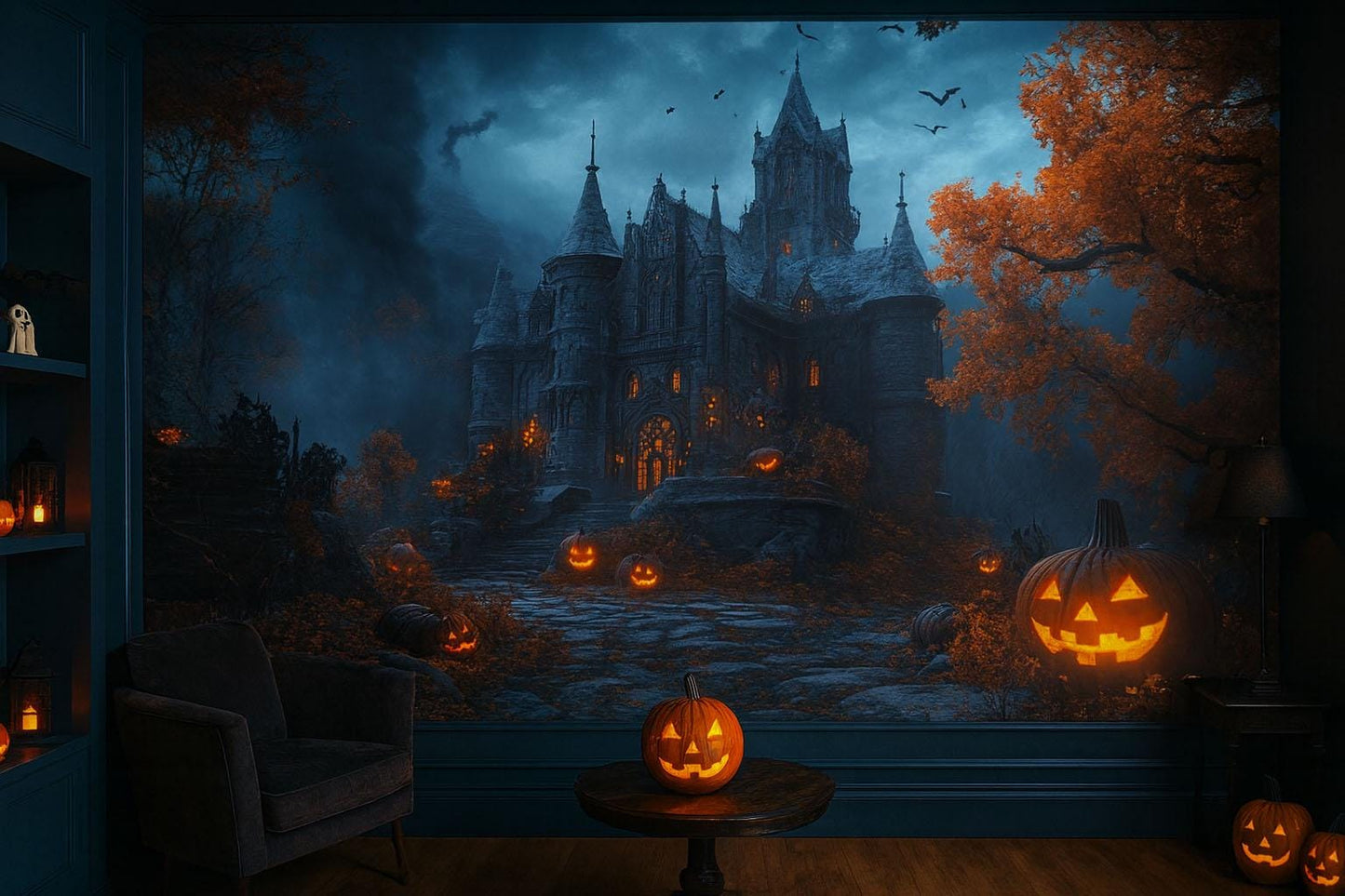 Haunted Castle & Jack-O’-Lantern Path Wall Mural – Gothic Halloween Décor Vn802