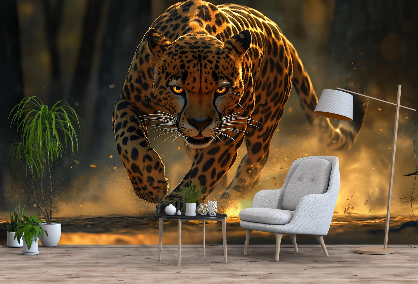 Fierce Leopard Jungle Wall Mural – Large Wild Cat Art for Living Room – Jungle Predator Wallpaper for Home Decor Vn541