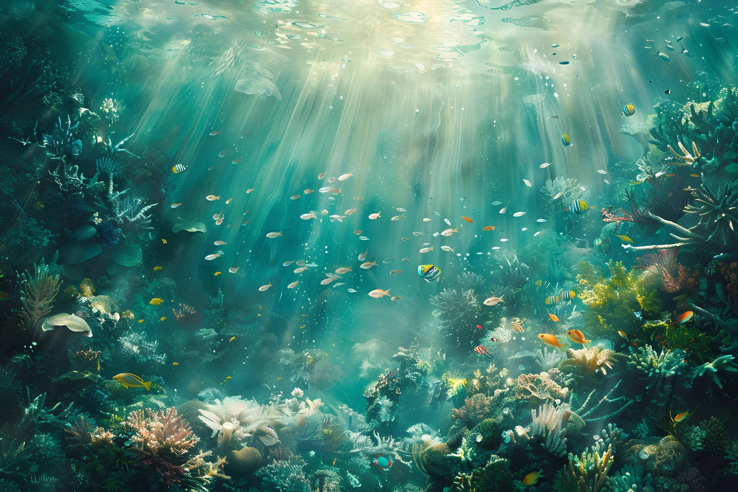 Underwater Ocean Wall Mural – Coral Reef & Fish Wallpaper, Aquatic Sea Life Accent Wall Decor for Bedroom or Living Room Vn1067