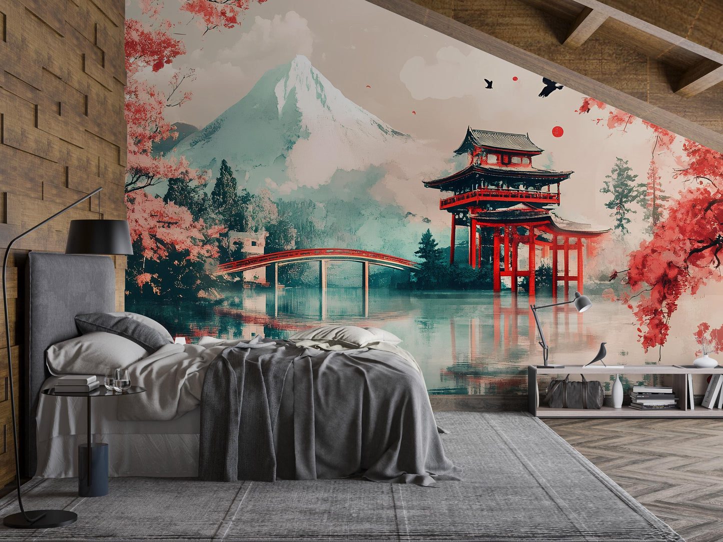 Japanese Mural Wall Art | Mountain Temple Landscape | Cherry Blossom & Pagoda | Asian Aesthetic Wallpaper | Tranquil Decor Vn492