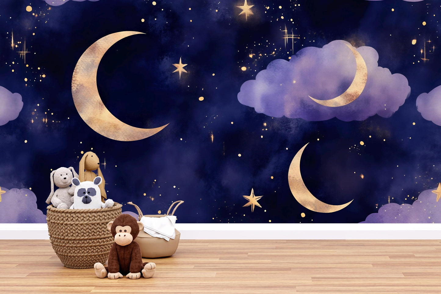 Moon and Stars Mural – Purple Night Sky Nursery Wallpaper Baby Room Decor Vn995