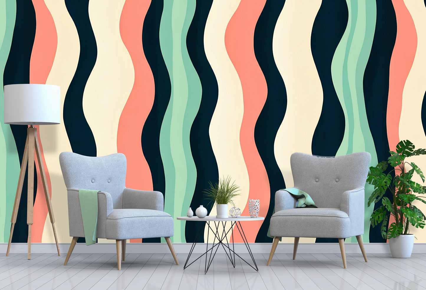 Retro Wavy Stripes Wallpaper – Mid Century Modern Wall Mural Vn1021