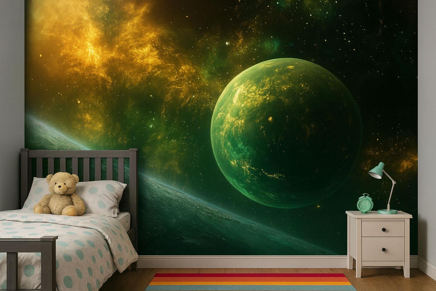 Green Galaxy Wall Mural – Space Planet Wallpaper, Kids Astronomy Room Decor Vn869