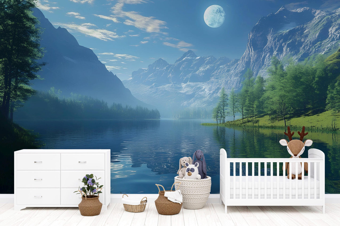 Moonlit Mountain Lake Wall Mural – Tranquil Night Sky & Alpine Landscape Wallpaper Vn831