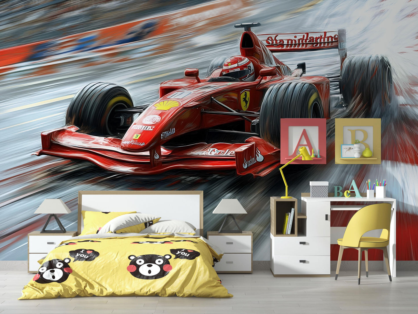 Ferrari Formula 1 Wall Mural – Red Racing Car Wallpaper for Boys Bedroom & Gamer Room Vn876