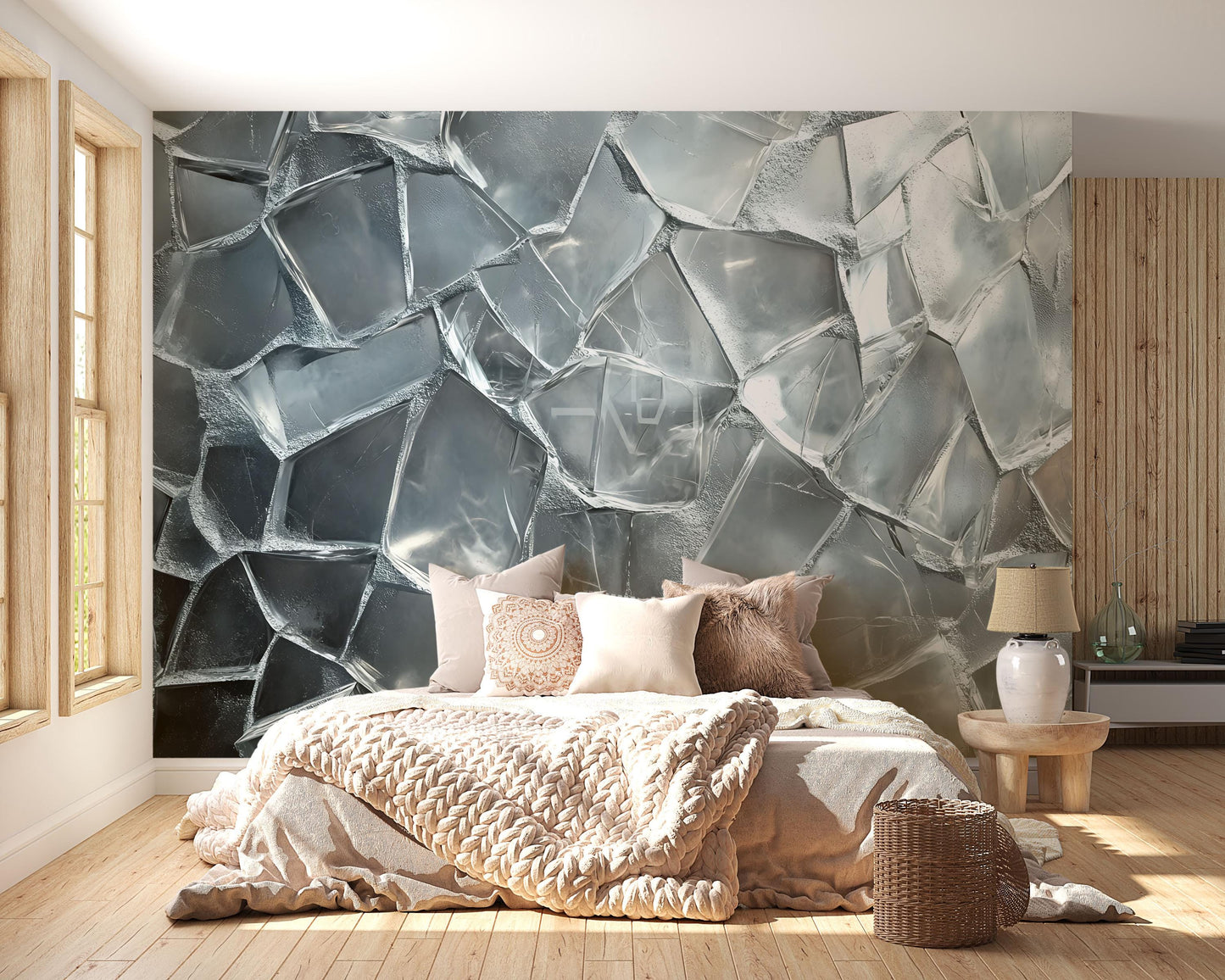 3D Ice Wall Mural for Bedroom, Cool Modern Wall Art, Textured Frozen Ice Wallpaper, Abstract Blue Grey Wall Décor Vn726
