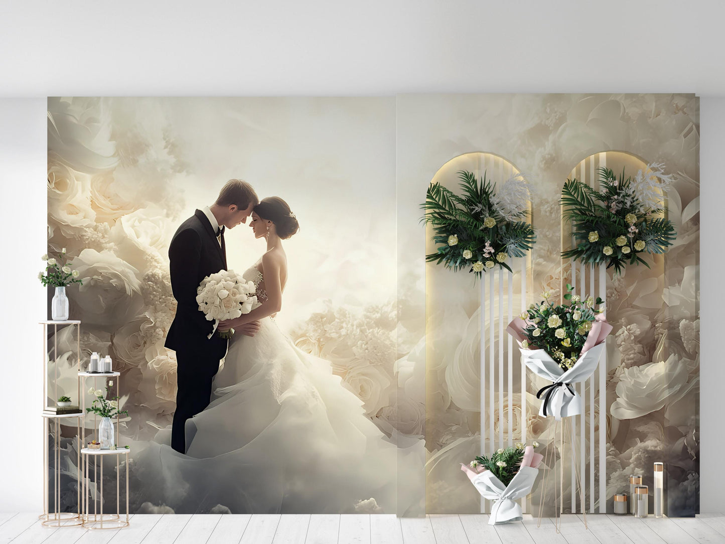 Romantic Wedding Couple Wall Mural – Elegant Floral Bridal Backdrop, Arch Door Nature Design, Custom Wallpaper Art Vn506