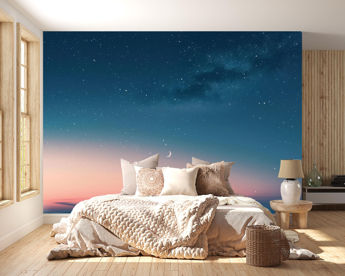 Starry Night Sky Wall Mural – Moon and Galaxy Wallpaper, Cosmic Accent Wall Decor for Bedroom, Living Room or Meditation Space  Vn1078