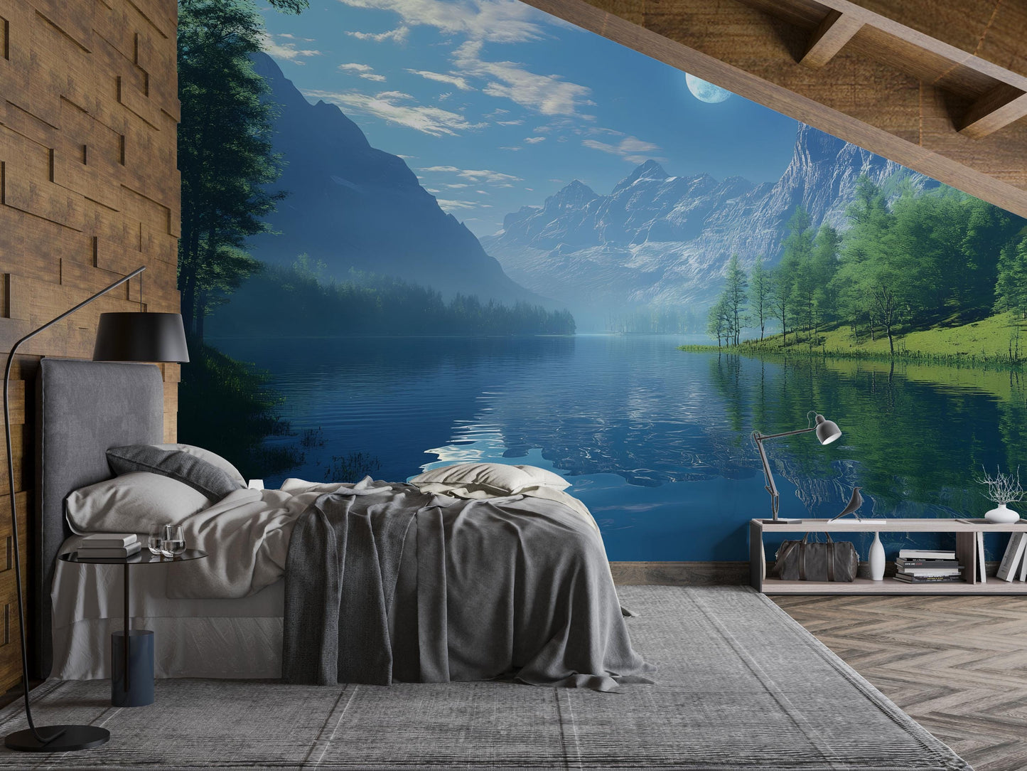 Moonlit Mountain Lake Wall Mural – Tranquil Night Sky & Alpine Landscape Wallpaper Vn831