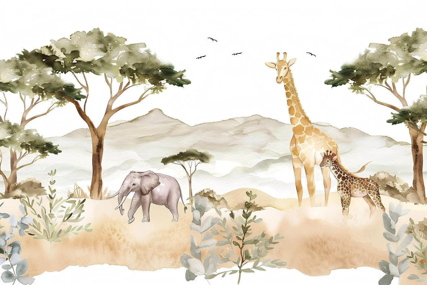 Safari Animals Wall Mural | Jungle Nursery Wallpaper with Giraffe & Elephant Vn1036