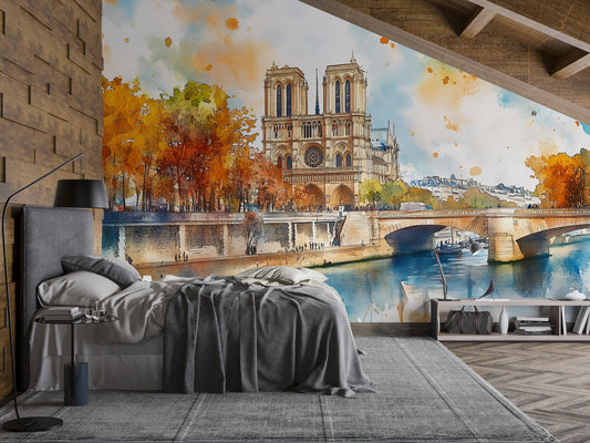 Notre Dame Paris Wall Mural – Watercolor Cathedral Wallpaper Vn932