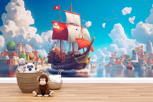 Pirate Ship Wall Mural for Kids Room – Ocean Adventure Wallpaper – Nautical Nursery Decor – Removable Vinyl Art Vn 305