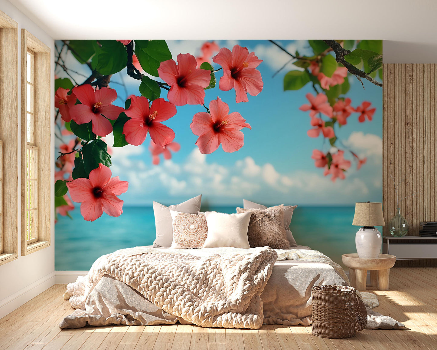 Tropical Hibiscus Flower Wall Mural – Ocean View Bedroom Wallpaper – Large Botanical Floral Peel and Stick Wall Art Vn648