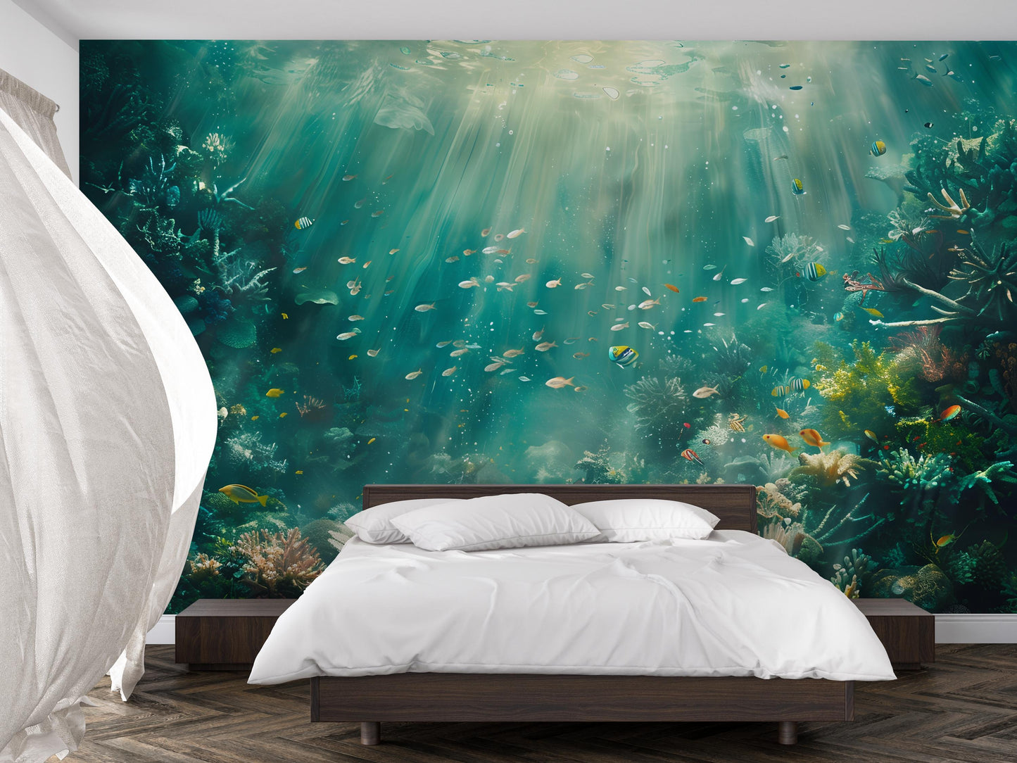 Underwater Ocean Wall Mural – Coral Reef & Fish Wallpaper, Aquatic Sea Life Accent Wall Decor for Bedroom or Living Room Vn1067