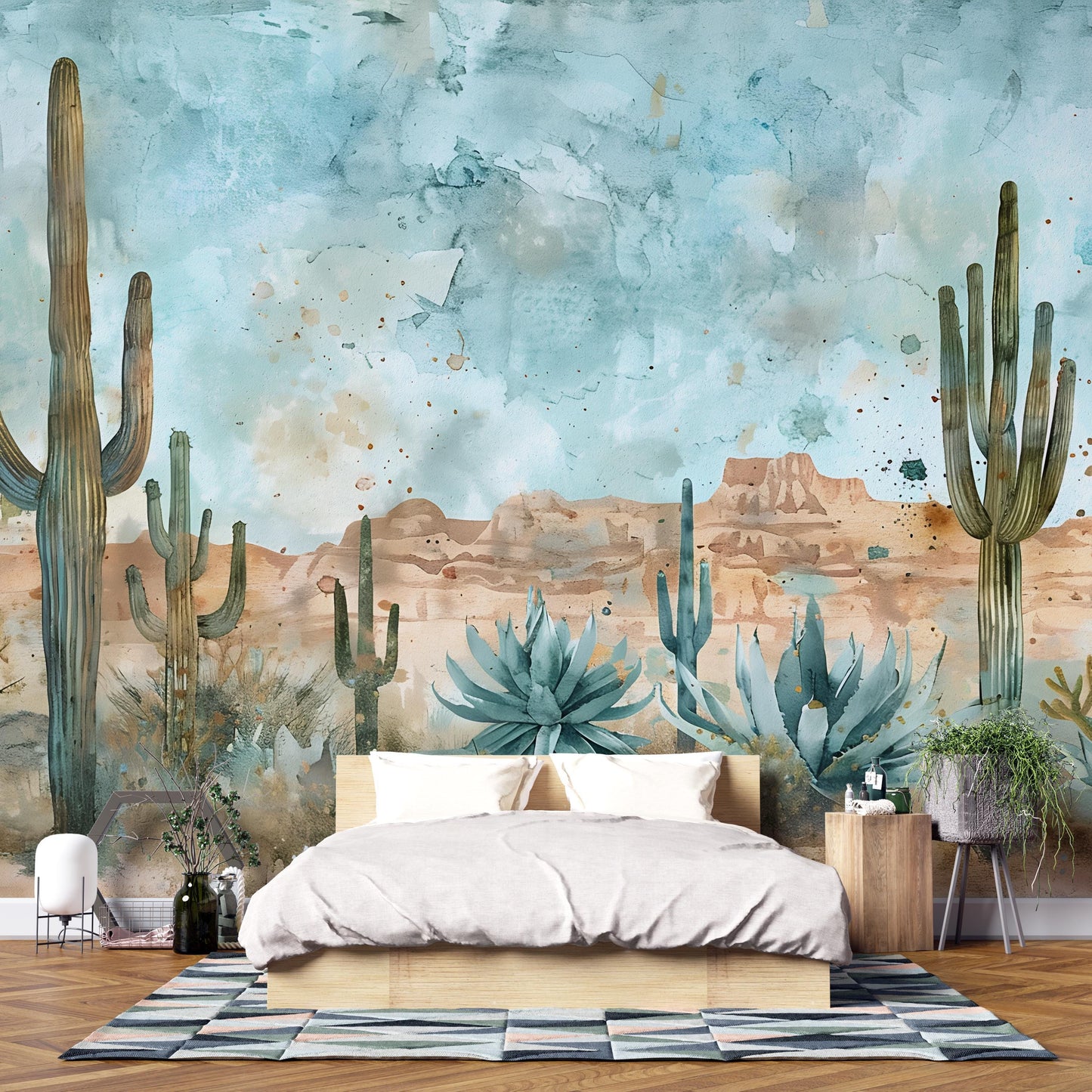 Southwestern Desert Cactus Wall Mural – Boho Western Landscape Wallpaper Vn1005