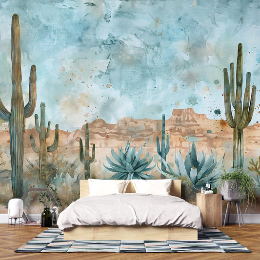 Southwestern Desert Cactus Wall Mural – Boho Western Landscape Wallpaper Vn1005