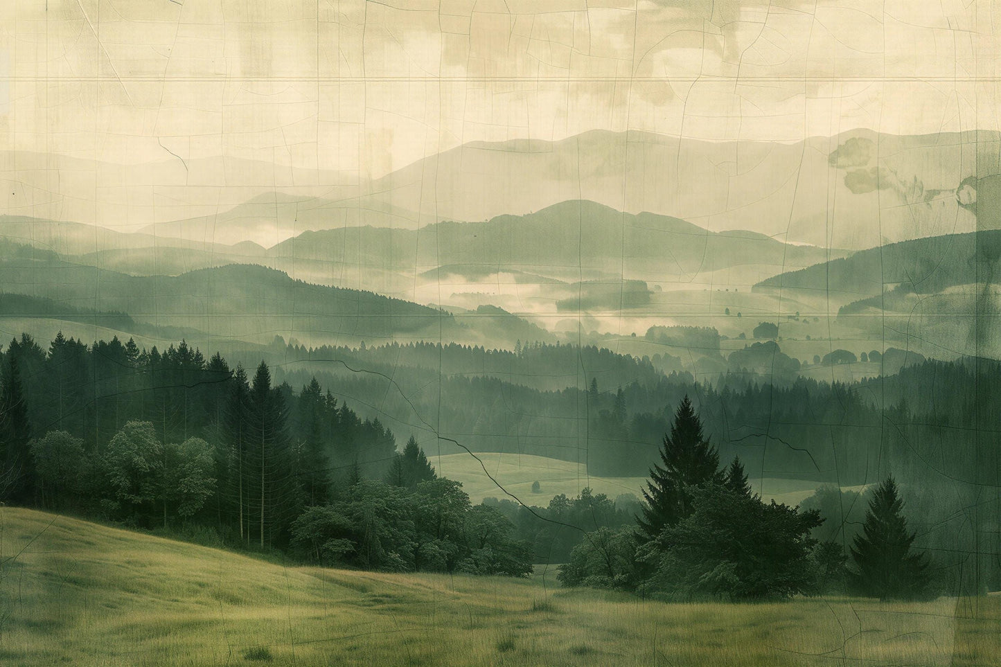 Green Forest Wall Mural – Misty Mountain Landscape Wallpaper for Bedroom or Living Room Vn1057