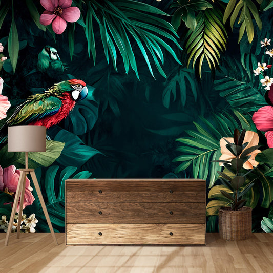 Tropical Parrot Jungle Wall Mural – Exotic Floral Wallpaper with Hibiscus & Macaw for Living Room or Office Accent Wall Vn214