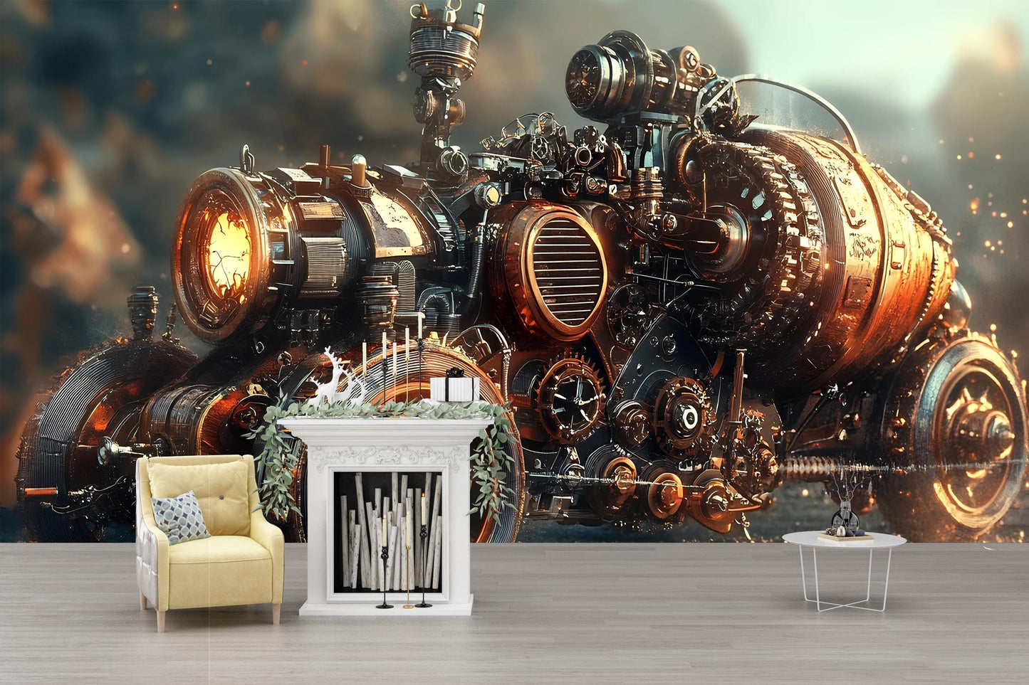 Steampunk Engine Wall Mural – Industrial Futuristic Art Print | Sci-Fi Bedroom Decor | Dark Fantasy Wall Art | Steampunk Home Accent Vn377