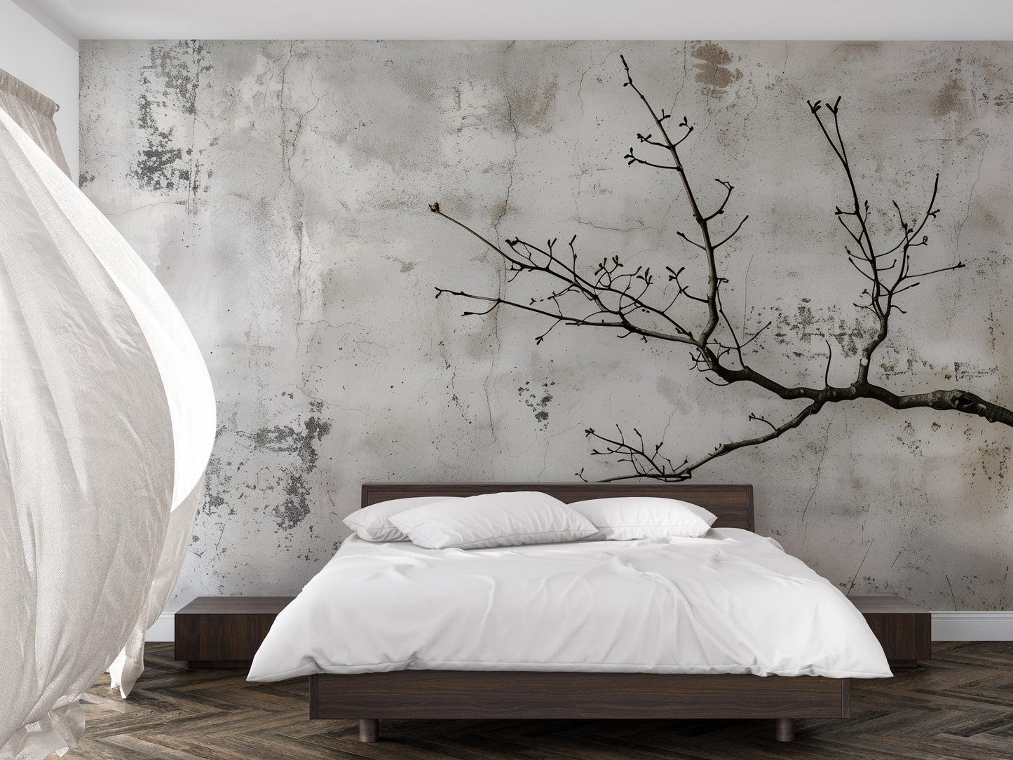 Japandi Wall Mural | Minimalist Tree Branch Concrete Wallpaper Vn1043